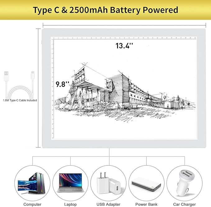 A4 Wireless Battery Powered Light Pad with Bag, TOHETO Tracing Light Box Dimmable Brightness Rechargeable LED Light Board Portable Cordless Copy Board for Drawing Sketching X-ray Viewing (White)