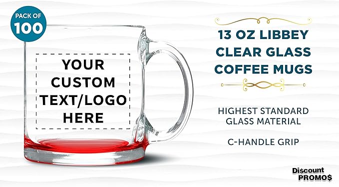 Custom Libbey Clear Glass Coffee Mugs 13 oz. Set of 100, Personalized Bulk Pack - Perfect for Coffee, Tea, Espresso, Hot Cocoa, Other Beverages - Red Bottom