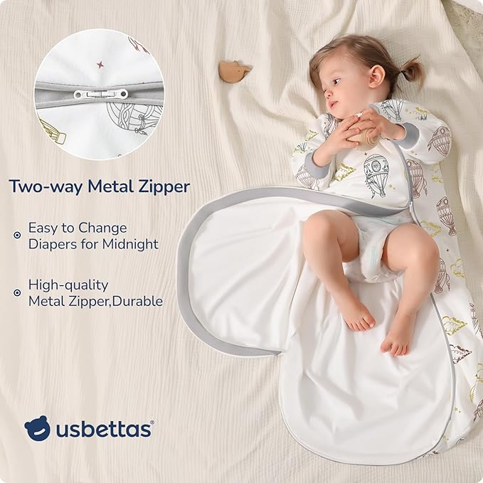 Baby Sleep Sack 6-12 Months, Cotton Detachable Long Sleeve Sleep Sack, 1.0 Tog Toddler Sleeping Sack with Temperature Strips, 2-Way Zipper Wearable Blankets for Newborns, Hot Air Balloon
