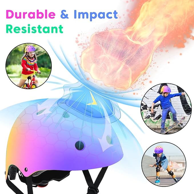 Color Gradient Adjustable Kids Bike Helmet Toddler Skateboard Helmets Boys Girls Child Ventilation Helmet for Multi-Sports Skating Cycling Scooter Balance