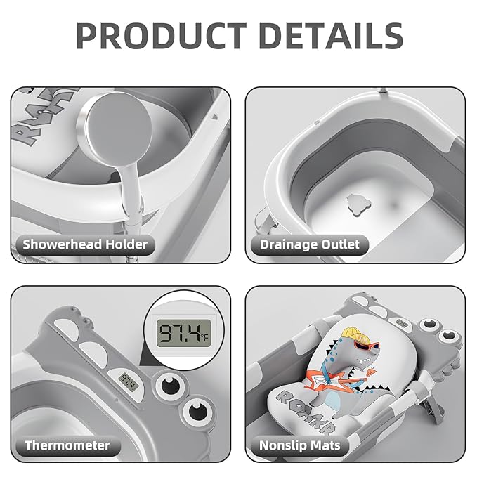 Collapsible Baby Bathtub for Newborn, Foldable Baby Bath Tub with Thermometer & Soft Floating Cushion & Drain Hole, Portable Travel Infant Bath Tubs for Newborns to Toddlers 0-36 Months Boys, Grey