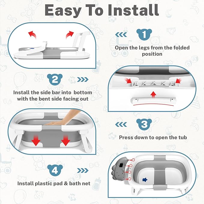 AVIDOR Baby Bathtub,Collapsible Bathtub for Newborn to Toddler,Durable Essential Infant Bath Tub,Portable Travel Baby Tub with Soft Bath Net,No-Slip Feet and Dinosaur Shaped (Grey)