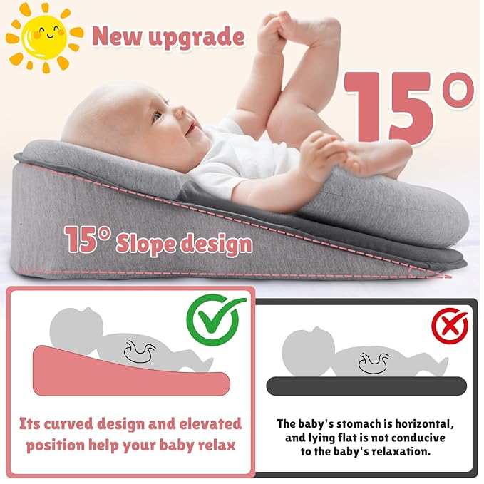 Baby Wedge Pillow for Infant with Safety Strap, Reflux Baby Pillow, Relief & Spit-Up Prevention, Removable Cover for Breastfeeding, Bottle Feeding