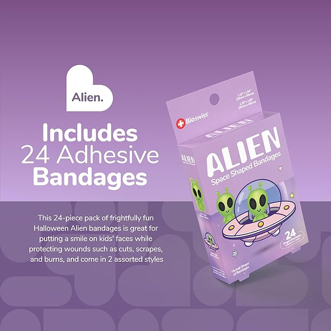 BioSwiss Bandages, Halloween Alien Shaped Self Adhesive Bandage, Latex Free Sterile Wound Care, Fun First Aid Kit Supplies for Kids, 24 Count