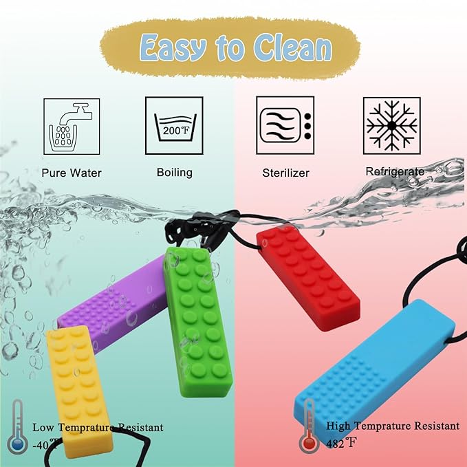 Chew Necklaces for Sensory Kids, 5PCS Building Block Silicone Chewy Necklace for Boys and Girls with Autism Biting Chewing, BPA Free Teether Toys for Baby Toddler and Infant Teething