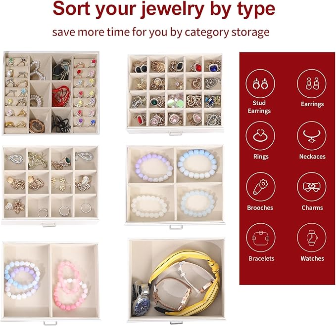 BOOVO Jewelry Box For women, 6 Layer Large Jewelry Organizer With Mirror, Multi-Function Storage Box With Lock, Accessory Holder With 5 Drawers, For Earrings Necklace Ring Bracelet (Army green)