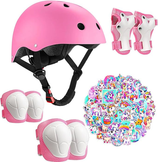 Kids Bike Helmet with Knee Elbow Wrist Pads Guards,Pink,for Ages 2-3-5-8-14,Sports Bicycle,Skate Scooter,Rollerblading with Unicorn Sticker