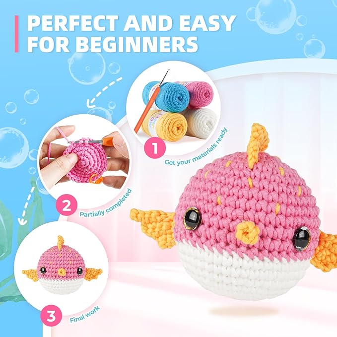 Crochet Kit for Beginners, Learn to Crochet, Include Easy Knitting Soft Yarn, Step-by-Step Video Tutorial, Hook, Holiday Birthday Gift for Adults and Kids(2 Pack Blowfish)