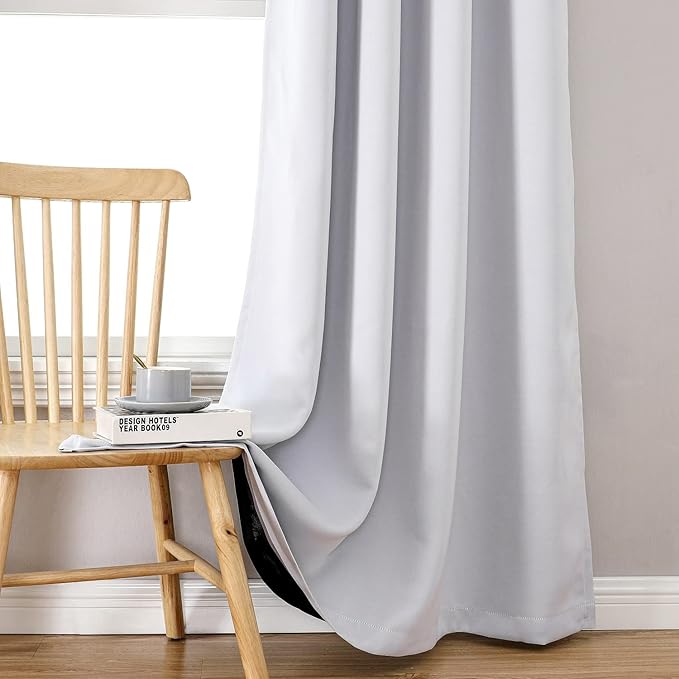 ChrisDowa 100% Blackout Curtains 90 inch Long for Bedroom with Black Liner, 2 Thick Layers Total Blackout Thermal Insulated Grommet Long Window Curtains 2 Panels Set (Greyish White, 52 x 90 Inch)