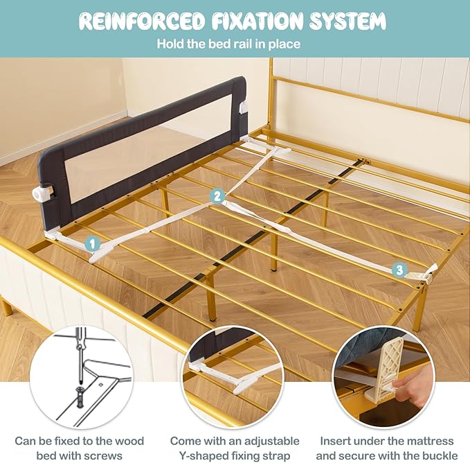 BABY JOY Double Sided Bed Rail Guard, 2 Pack, Extra Long, Swing Down for Convertible Crib, Folding Baby Safety Bedrail for Kids Twin Full Size Queen King Mattress, Rails for Toddlers (Dark Blue, 60")