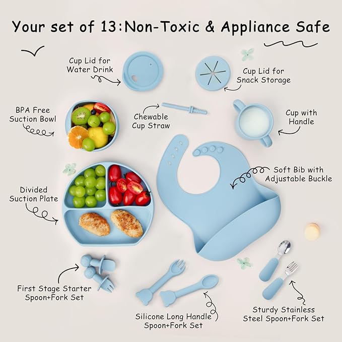 Baby Silicone Feeding Set, 13PCS Baby Self Feeding Set, Toddler Led Weaning Utensils Sets with Suction Bowl and Plate, 3 Set of Baby Spoons and Forks, Adjustable Bid, Sippy Cup with Straw and 2 Lids