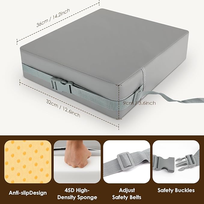 Booster Seat for Kitchen Chair with Comfy Backrest Pillow and Adjustable Safety Buckles,Non-Slip Kid Toddler Booster Seat for Dining Table, PU Travel Baby Booster Cushion Chair