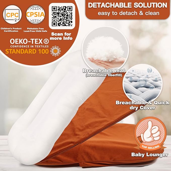 Baby Lounger - Snuggle Cozy Me Infant Lounger for Newborns | Flannel Cover, Breathable Soft, Portable Awake-Time Pad, Essential Baby Gift - Orange