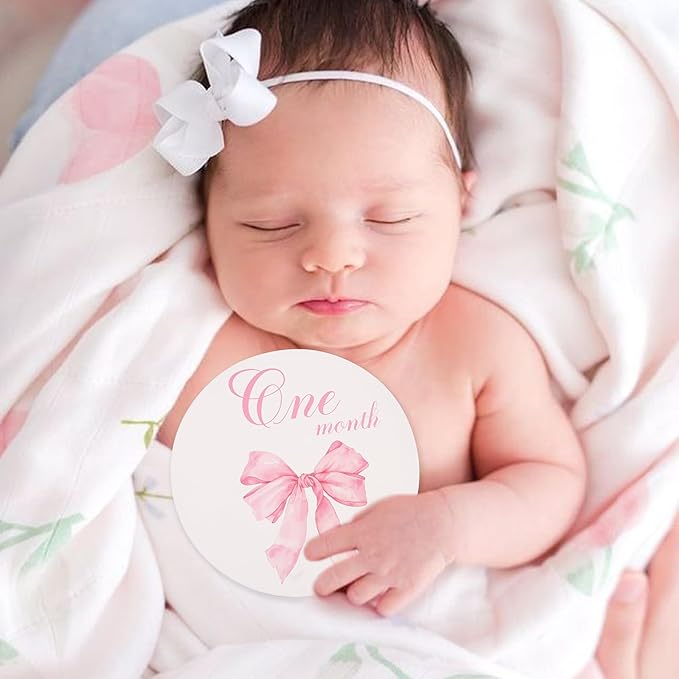 Bow Baby Monthly Milestone Markers - Baby Monthly Milestone Discs Photos,Coquette Bow Month Photo Signs,Baby’S First Year Newborn Signs for Girl (Pink)