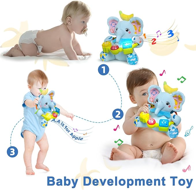 Baby Elephant Musical Stuffed Animals Toy with Light-Up Music & Crinkle,Infant Bilingual Early Learning Education Toys,1st Easter Basket Shower Stuffers for 0-3-6-12+ Months Boy Girl Gifts,Blue