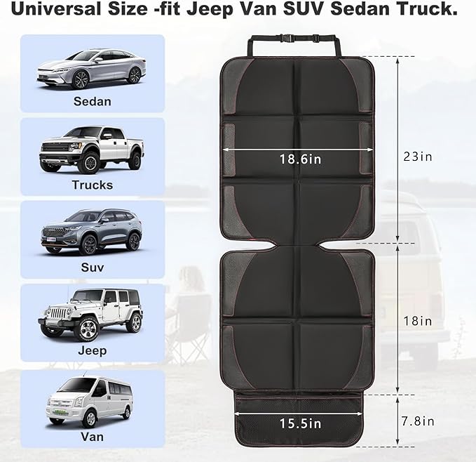 Car Seat Protector 2 Pack Baby Car Seat Covers with Mesh Pockets & Non-Slip Backing 600D Durable Seat Protector Under Baby Car Seat (Black & Red, Large)