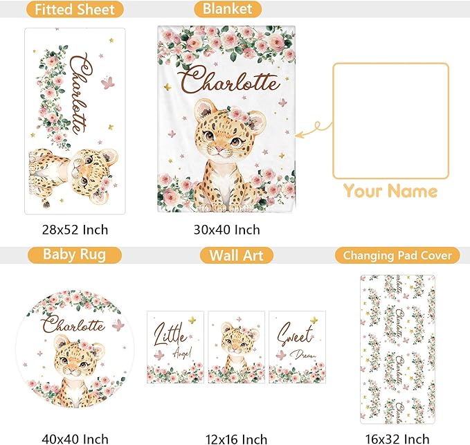 Custom Baby Crib Bedding Set, 5 Pcs Personalized Name Baby Crib Sets for Infant Toddler, Floral Leopard Nursery Bedding Set for Baby Girls, Double Layer Baby Bedding Sets Customized Gifts