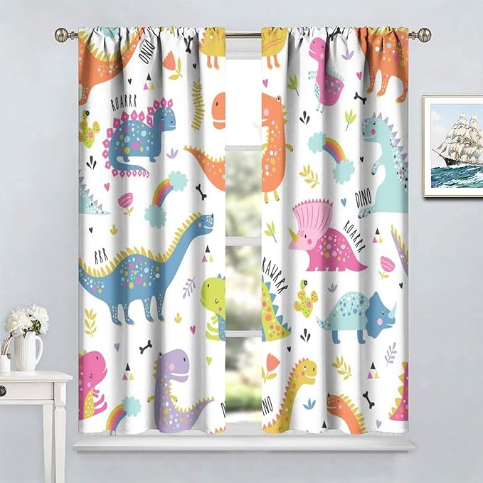 Cartoon Dinosaur Curtains for Kids Boys Girls Home Decor Childish Cute Dino Animals Print Pattern Rod Pocket Blackout Window Drapes for Nursery Baby Bedroom Playroom W42xL84in 2 Panels
