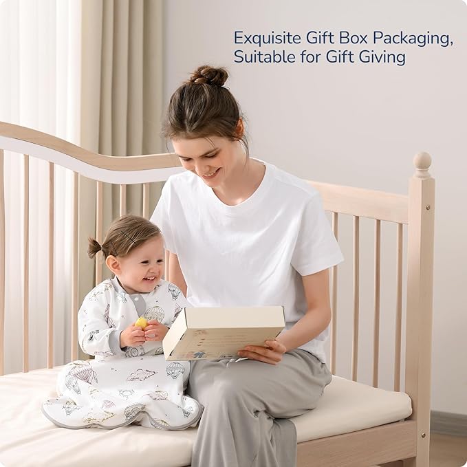 Baby Sleep Sack 6-12 Months, Cotton Detachable Long Sleeve Sleep Sack, 1.0 Tog Toddler Sleeping Sack with Temperature Strips, 2-Way Zipper Wearable Blankets for Newborns, Hot Air Balloon