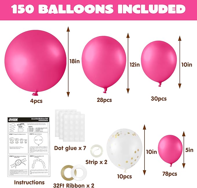JOYIN 150 Pcs Hot Pink Balloons, Different Sizes 18 12 10 5 Inch Hot Pink Latex Balloon Arch Kit with Instruction for Birthday Party Graduation Wedding Holiday Decoration