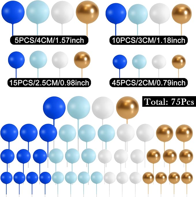 75 Pieces Cake Balls Topper Decorations Foam Cupcake Topper Mini Balloon Cake Topper Balls Cake Picks for Cake Deco Birthday Party Wedding（Dark Blue,Blue, Gold, White）
