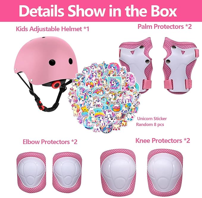 Kids Bike Helmet with Knee Elbow Wrist Pads Guards,Pink,for Ages 2-3-5-8-14,Sports Bicycle,Skate Scooter,Rollerblading with Unicorn Sticker