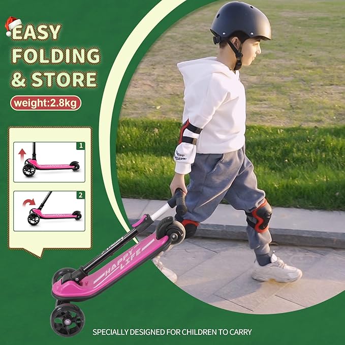 Besrey Kick Scooter for Kids Ages 3-10, 3-Wheel Folding Scooter with Adjustable Height, LED Light Wheels, Extra Wide Deck for Outdoor Activities