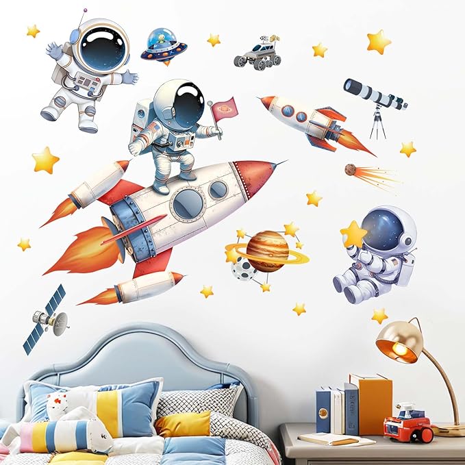 Astronaut Wall Decals - Outer Space Planets Rocket Boys Wall Stickers - Baby Nursery Kids Room Daycare Playroom Wall Decor