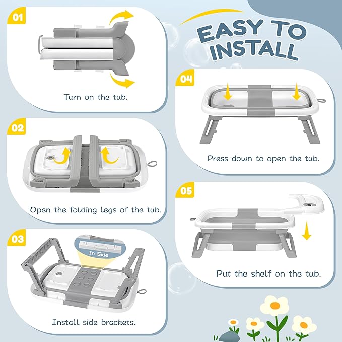 Collapsible Baby Bathtub,Baby Bath Tub with Thermometer & Soft Cushion,Baby Bathtub for Newborn to Toddler 0-36 Months,Portable Travel Baby Tub with No-Slip Feet,Baby Shower Gifts,Grey