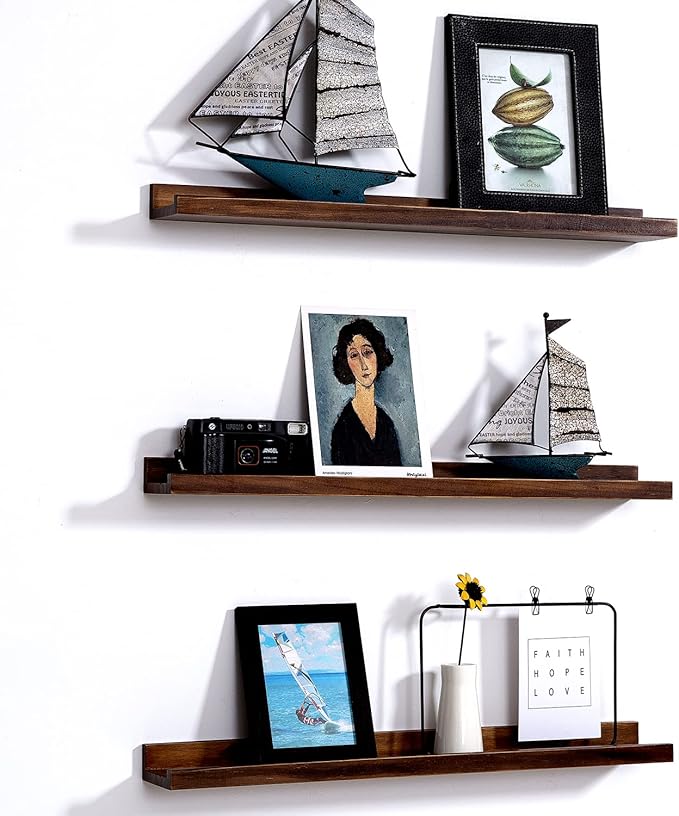AZSKY 24 Inch Floating Shelves Rustic Wood Wall Shelf Deep Dark Walnut Floating Shelves a Set of 3 Hanging Narrow Picture Photo Ledge Shelves Wall Mounted Bathroom Bedroom Kitchen Office Décor