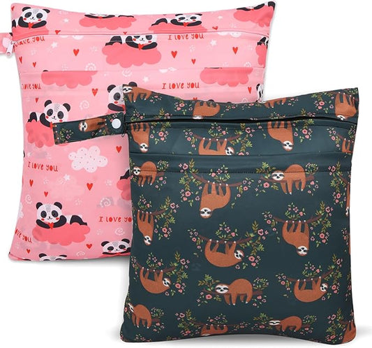 2pcs Cloth Diaper Wet Dry Bags, Waterproof Reusable Wet Bag with 2 Zipper Pockets & Handle, Washable Laundry Bags for Baby Adult Clothes Travel Beach Pool Daycare Yoga Gym Exercise Swimsuits,