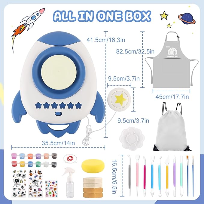 deAO Pottery Wheel for Kids Complete Painting Set for Beginners Mini Pottery Wheel Kit with Air Dry Clay Tools, Arts & Crafts Clay Wheel Toys Birthday Gifts for Girls Boys Age 3+ (Blue)