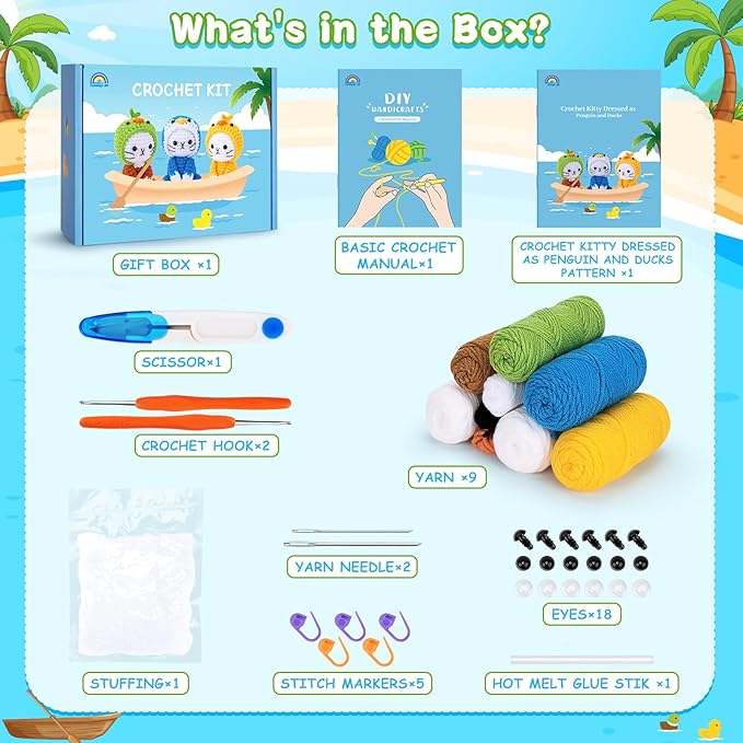 Crochet Kit for Beginners, 3 Pack Duck Cat Crochet Kits with Step-by-Step Video Tutorials, Beginner Crochet Kit for Adults Kid, Crochet Animal Kit for Starters, DIY Craft Gift for Cat Lover