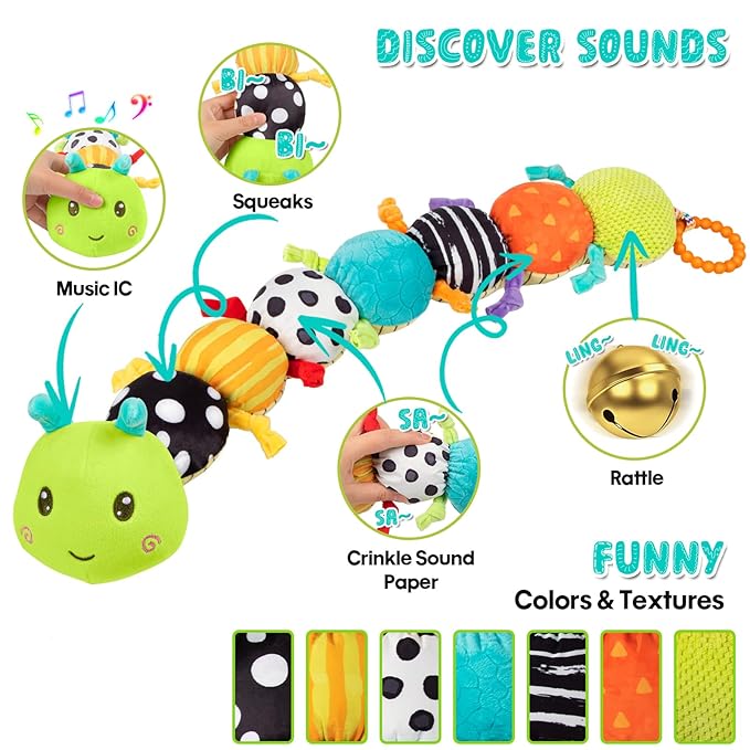 Baby Stuffed Animal Toys for 0-6 6-12 Months, Baby Musical Caterpillar Tummy Time Toys for Babies 3 6 9 12 18 Months, Newborn Infant Sensory Toys Christmas Gifts Stocking Stuffers