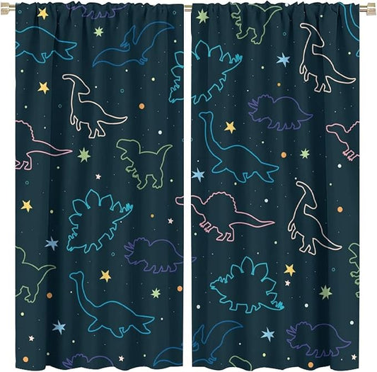 Cartoon Colorful Dinosaur Curtains for Kids Boys Girls Home Decor, Astronaut Funny Outer Space Star Blackout Rod Pocket Window Drapes for Bedroom Living Room W31.5xL63in 2 Panels