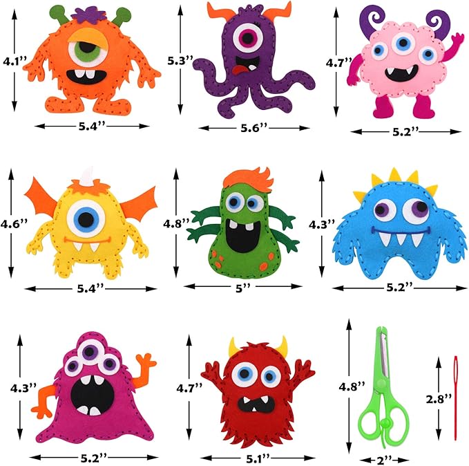 CiyvoLyeen Little Monsters Sewing Craft Kit for Children Adopt A Monster Felt Plush DIY Sewing Art Kids Educational Toys Monster Bash Craft Gift for Beginners Set of 8