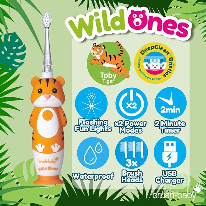 brush-baby WildOnes™ Rechargeable Kids Electric Toothbrush – Toby Tiger | Flashing Lights, 2-Min Timer, Waterproof, 3 Brush Heads | Toddler & Child Toothbrush Ages 0-10 | Soft Bristles