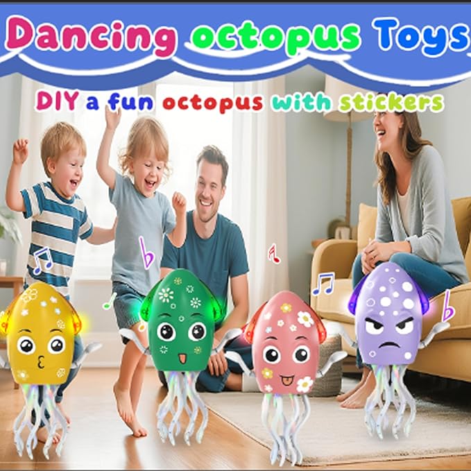 Dancing Octopus Toy Electric Crawling Baby Toy with Lights & Music Tummy Time Octopus Toy | DIY Expressions, Obstacle Avoidance | for Boys and Girls Party Gift Birthday, Christmas (Yellow)