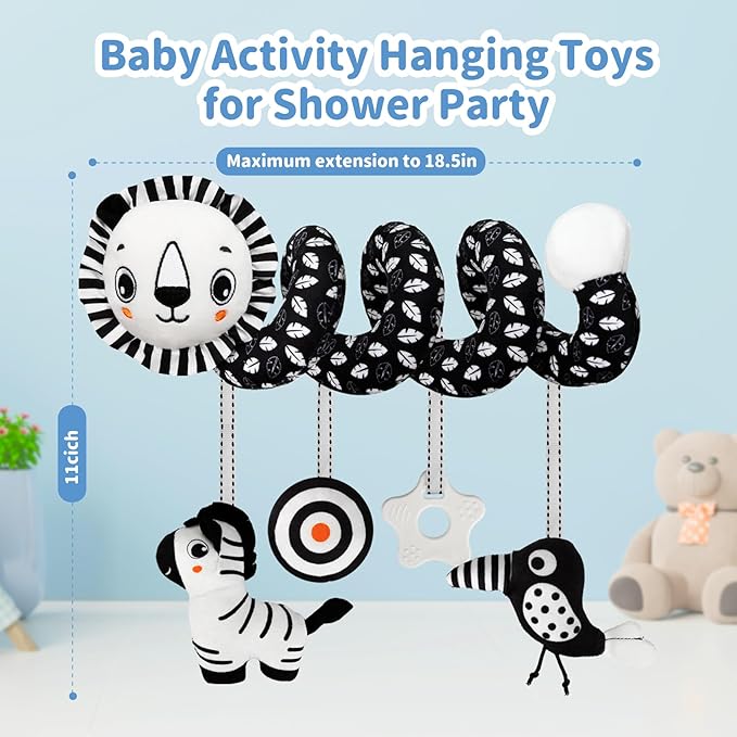 Car Seat Toys for Babies 0-6 Months,Hanging Rattle Toys for Crib Mobile, Baby Spiral Hanging Stroller Black and White High Contrast Toys for Newborn 0 3 6 9 12 Months Baby Boys Girls (Lion)