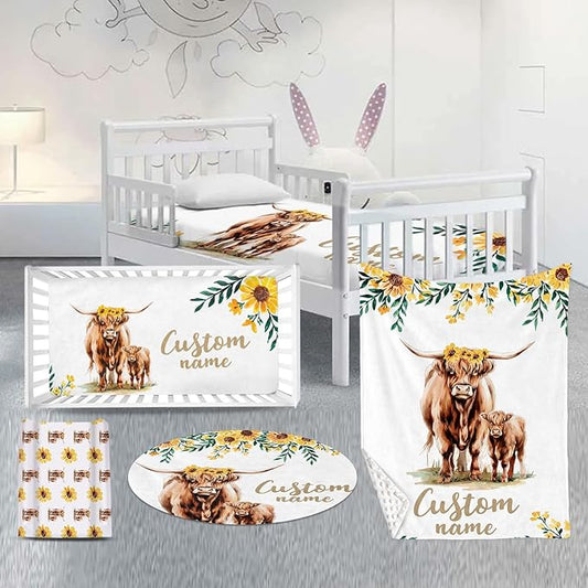 Custom Nursery Crib Bedding Set: Personalized Name 4 Piece Yellow Highland Cattle Design Baby Crib Sets for Girls - Toddler Double Layer Blanket Set, Comfortable Crib Bed Sheets for Baby Toddlers