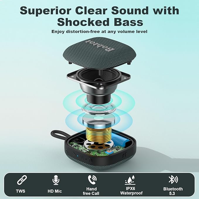 Bobtot Portable Wireless Bluetooth Speaker - IPX7 Waterproof Show Speakers with 16H Playing Time, Loud Stereo Sound, Built-in Mic, TWS, Small Size with Carry Lanyard, DarkBlue