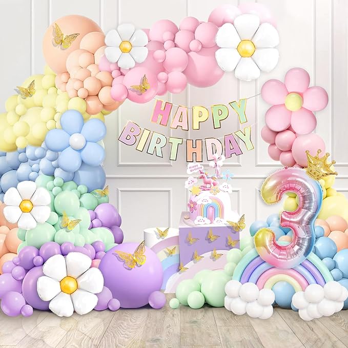 Daisy 219Pcs Balloons Garland Kit with Number 3 Balloon, Banner, Cake Topper, Rainbow Birthday Party Decorations for 3 Year Old Girl