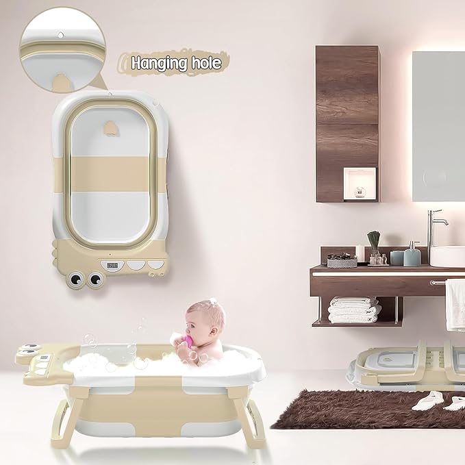 Collapsible Baby Bathtub for Newborn, Foldable Baby Bath Tub with Thermometer & Soft Floating Cushion & Drain Hole, Portable Travel Infant Bath Tubs for Newborns to Toddlers 0-36 Months Boys, Beige