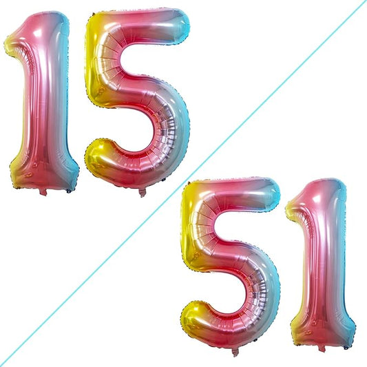 GOER Number 15 Balloons for 15th Birthday Sweet 15 Party Decorations,42 Inch Jumbo Foil Helium 51 Balloons for 51st Birthday Party Decoration (Rainbow)