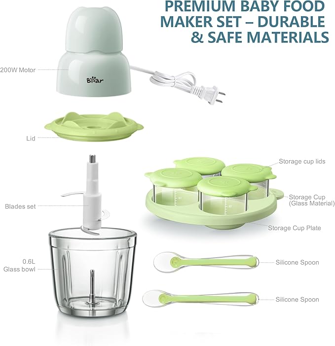 Bear Baby Food Maker, Baby Food Processor Set with Baby Food Containers, Silicone Spoons, Baby Food Puree Blender for Fruit, Vegetable, Meat, Make Fresh and Nutritious Meals for Your Little One
