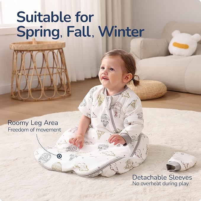 Baby Sleep Sack 18-24 Months, Cotton Detachable Long Sleeve Sleep Sack, 2.5 Tog Toddler Sleeping Sack with Temperature Strips, 2-Way Zipper Wearable Blankets for Newborns, Hot Air Balloon