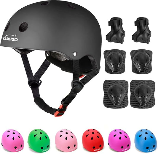 KAMUGO Kids Adjustable Helmet, with Sports Protective Gear Set Knee Elbow Wrist Pads for Toddler Age 2-8 Boys Girls, Bike Skateboard Hoverboard Scooter Rollerblading Helmet Set