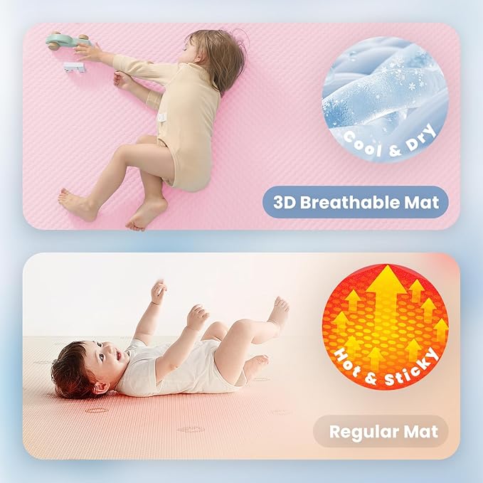 Baby Play Mat for Summer, 1.3 Thick Extra Large Memory Foam Cooling Floor Tummy Time Mat, Soft & Breathable, Non-Slip Rectangular for Toddlers’ Playtime & Rest(Pink,79"x118")