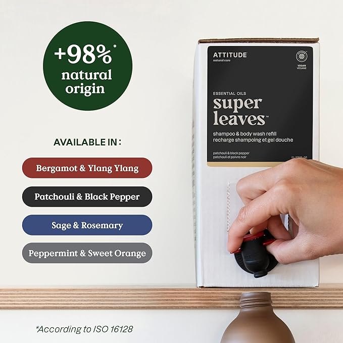 ATTITUDE 2-in-1 Body Wash and Hair Shampoo, EWG Verified Shower Gel, Dermatologically Tested, Made with Naturally Derived Ingredients, Vegan Personal Care, Patchouli and Black Pepper, 67.6 Fl Oz