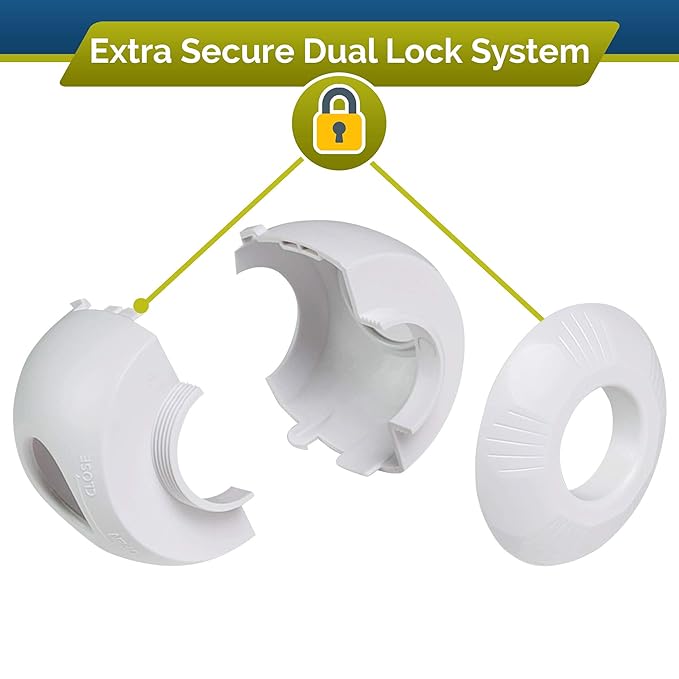 Child Safety Door Knob Cover (4 Pack) Hard-to-Remove Dual-Lock Door Handle Covers for Kids - Reusable Baby Proof Door Knob Locks - Installs Easily, No Tools Needed (White)
